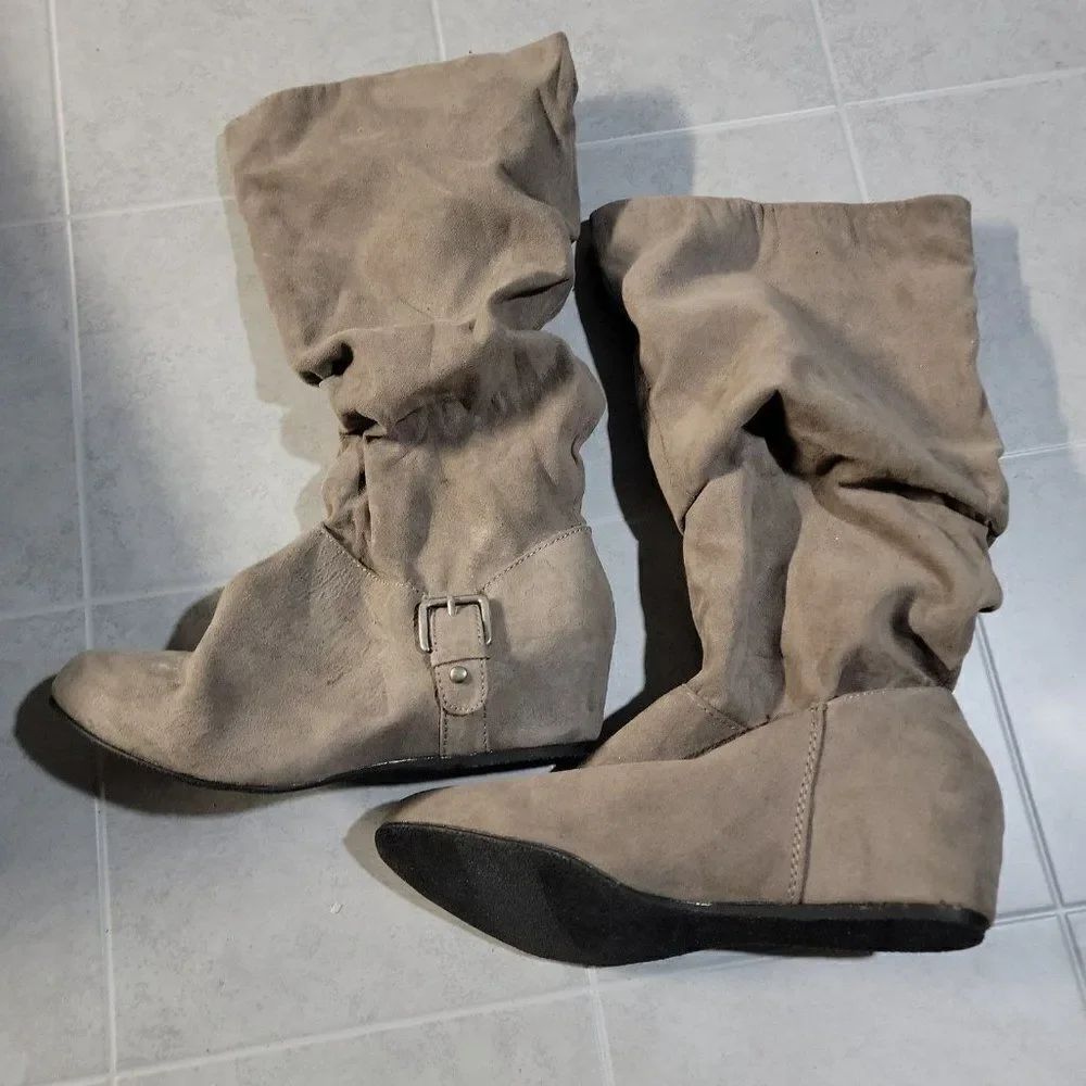 Bongo Womens Armitage 20311 Taupe Leather Mid Calf Pull On Slouch Boots Sz 7 M